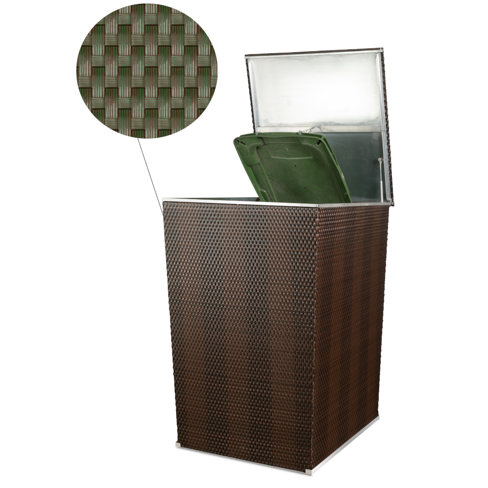 Zoom von grünem Rattan Material an der Mülltonnenbox