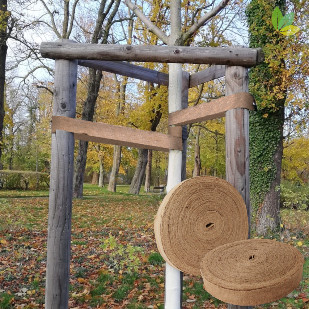 Baumgurt aus Jute, naturfarbener Jutegurt als 50m-Rolle, 45mm breit Baumgurt aus Jute zur Stabilisierung junger Bäume