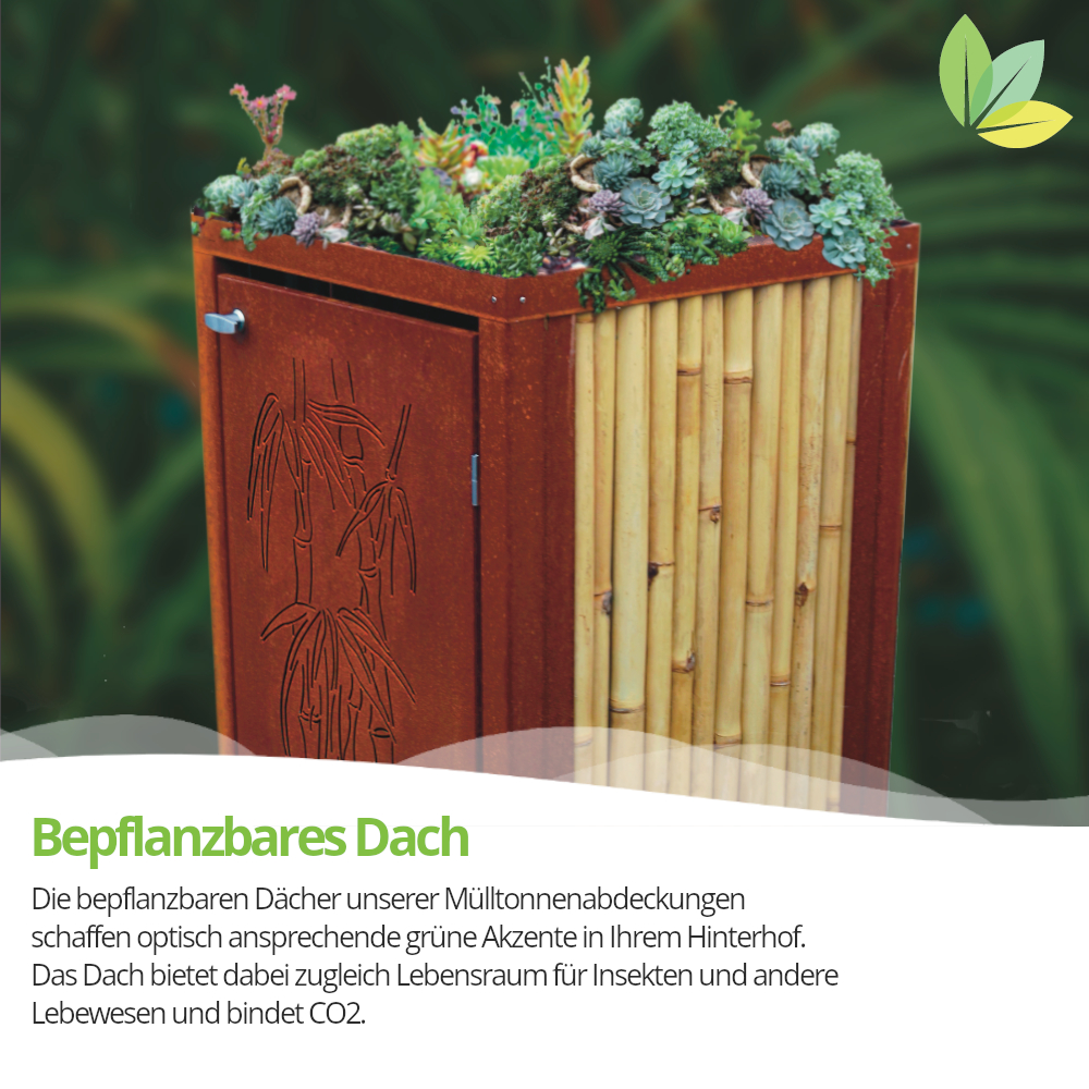 Rostbraune Mülltonnenbox mit Motivdesign-Tür und Seiten aus Bambus, Dach bepflanzt.