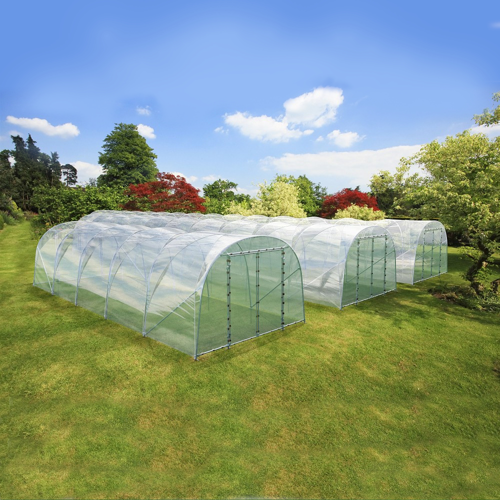 3 Folientunnel auf Wiese vor Büschen