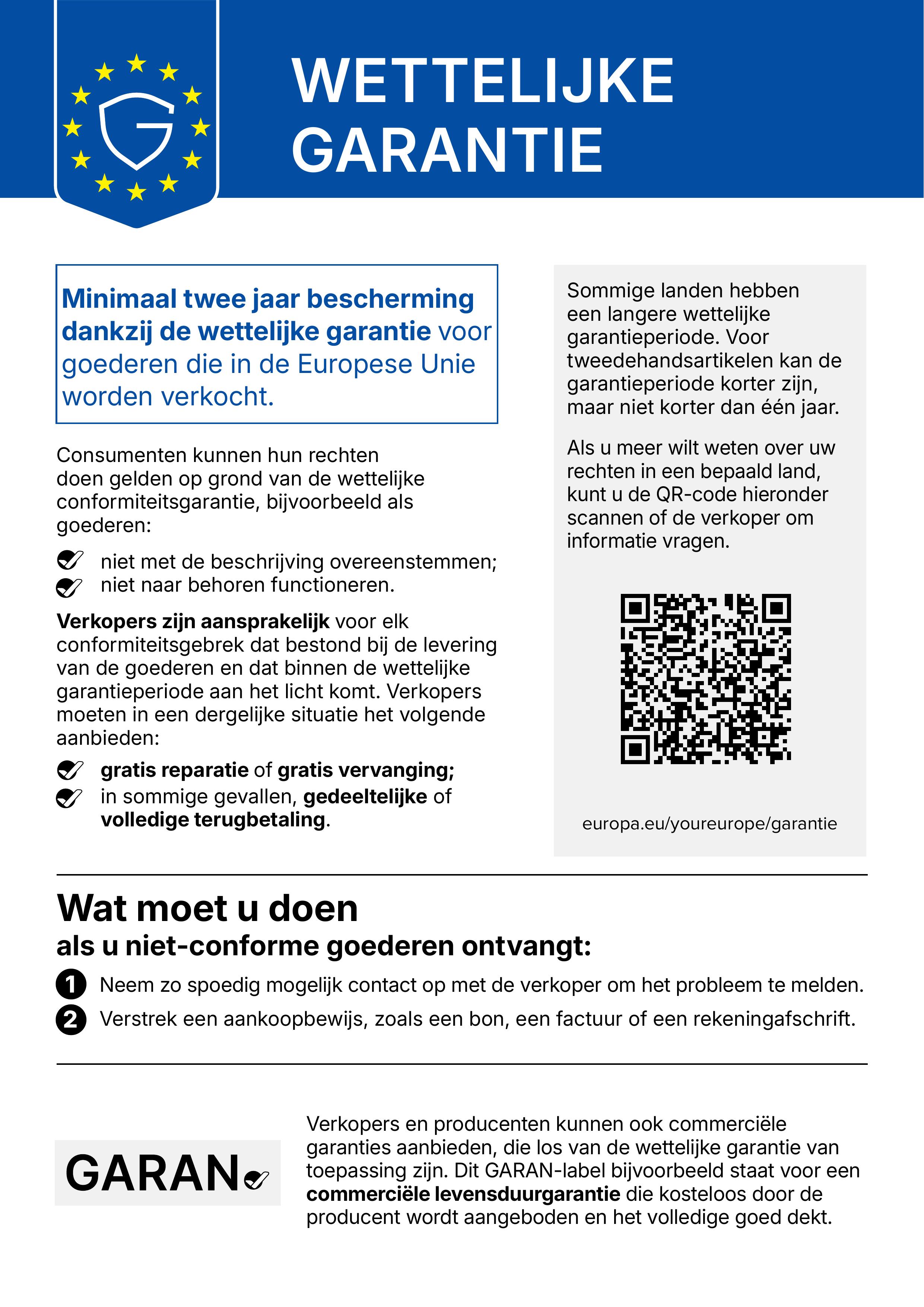 EU-label inzake wettelijke garantie: Op dit product is een wettelijke garantie van toepassing. Voor meer informatie kunt u de QR-code in de afbeelding scannen of de URL onder de QR-code volgen.
