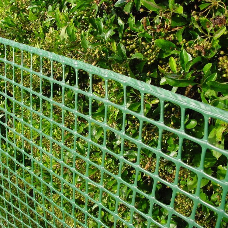 Grüner Kunststoffzaun mit quadratischen Maschen vor dichtem grünen Strauch
