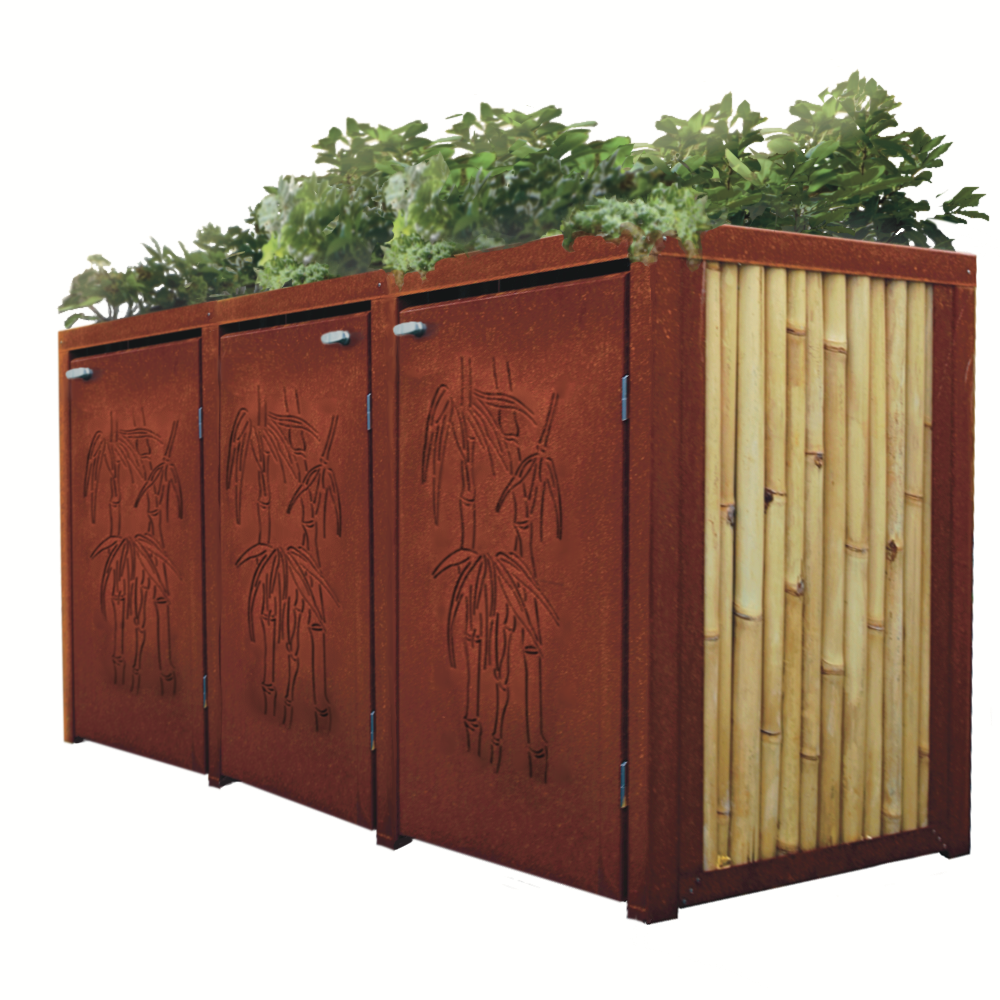 Mülltonnenbox aus Cortenstahl und Bambus, mit Pflanzdach und Motivtür Rostbraune Mülltonnenbox mit Motivtür, Seiten aus Bambus und Dach bepflanzt.