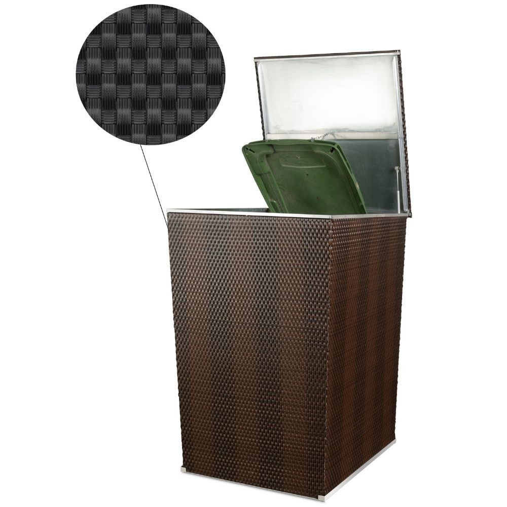 Rattan Mülltonnenbox, Mülltonnenverkleidung, 117cm x 82,5cm x 82,5cm zwei Mülltonnen verkleidet mit Rattan Mülltonnenverkleidung. Die Deckel sind offen