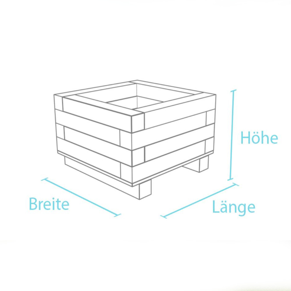 zeichnerische Blumenkübelabbildung mit Breite, Länge, Höhe