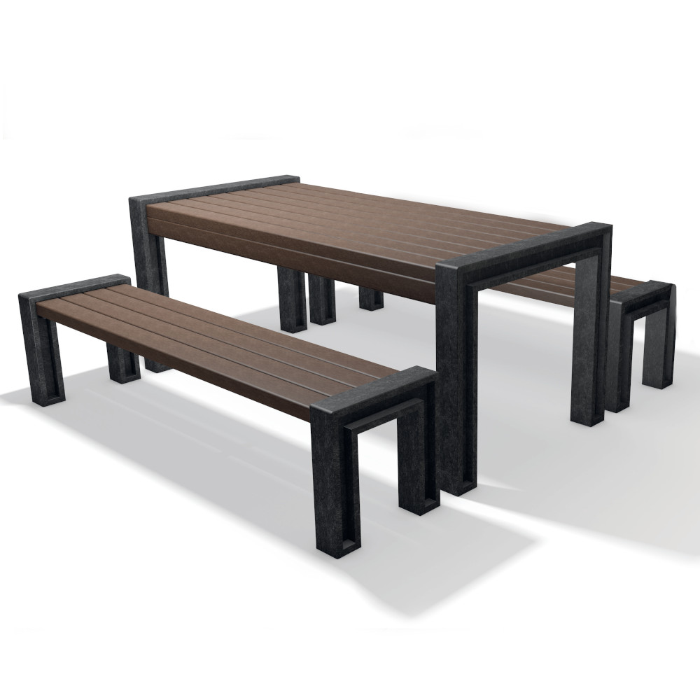 grau braune Sitzgruppe 1 Tisch und 2 Bänke vor Wiese