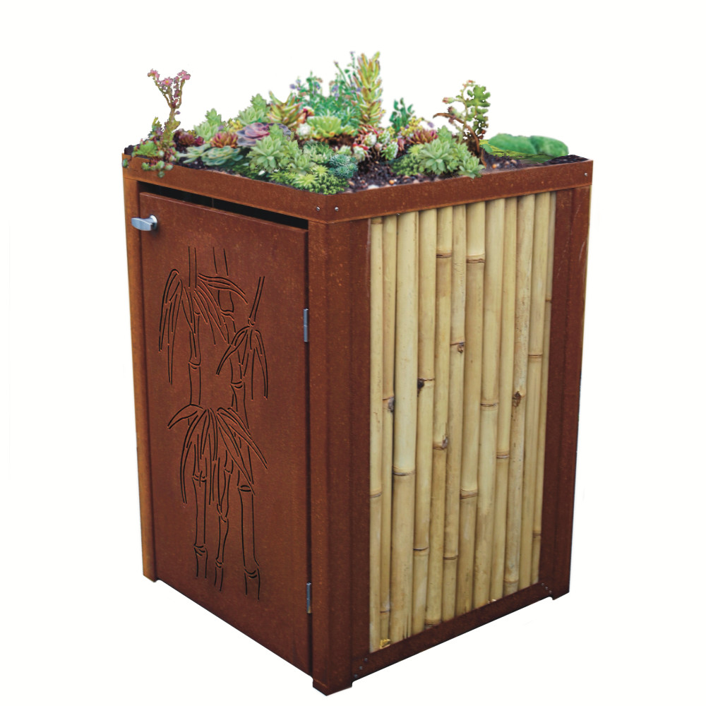 Rostbraune Mülltonnenbox mit Motivtür, Seiten aus Bambus und Dach bepflanzt.