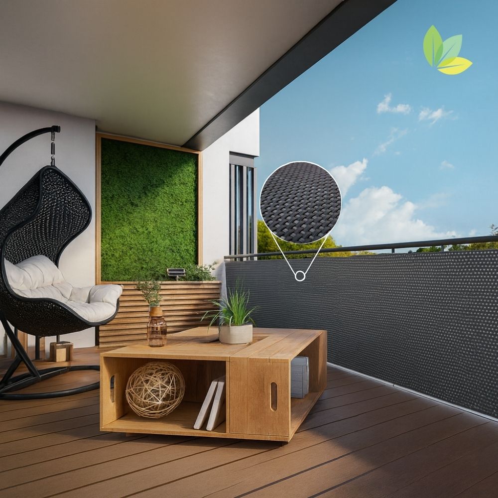 Moderner Balkon mit Rattan Sichtschutz