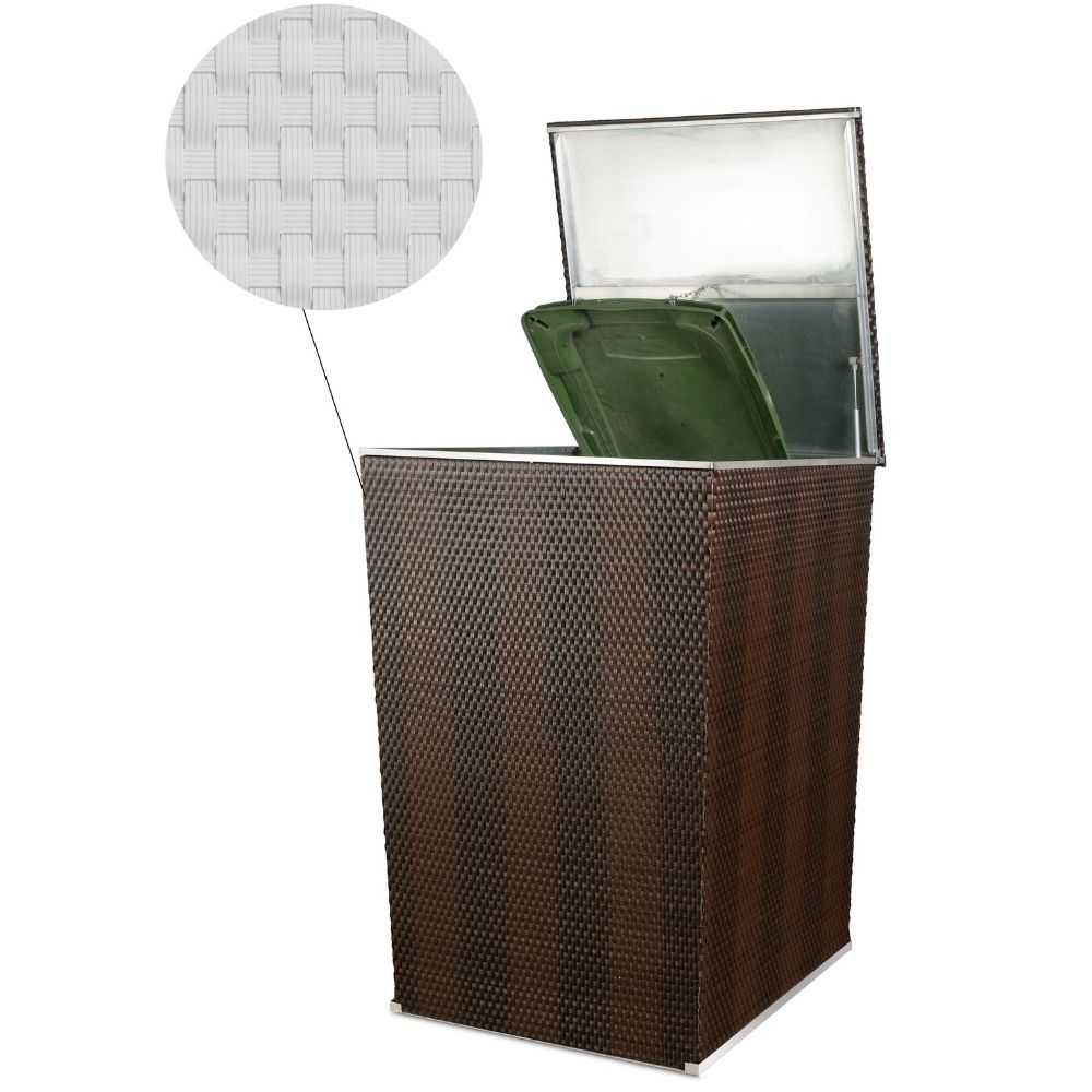 zwei Mülltonnen verkleidet mit Rattan Mülltonnenverkleidung. Die Deckel sind offen