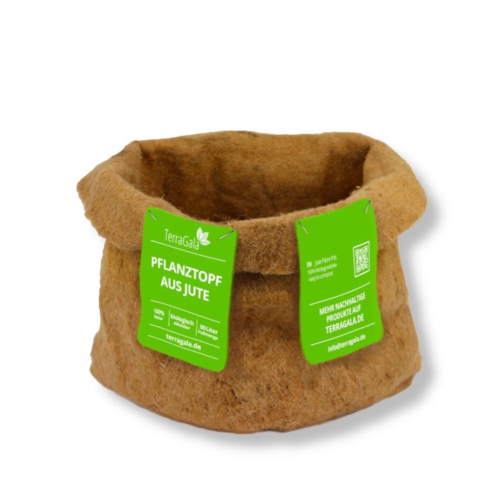 Jute Kulturtopf, Anzuchttopf in verschiedenen Größen kompostierbarer Jute Übertopf mit Pflänzchen
