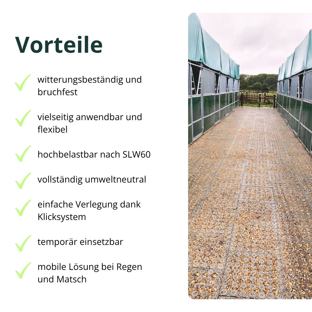 Paddockboden Vorteile: wetterfest, hochbelastbar, temporär und mobil einsetzbar