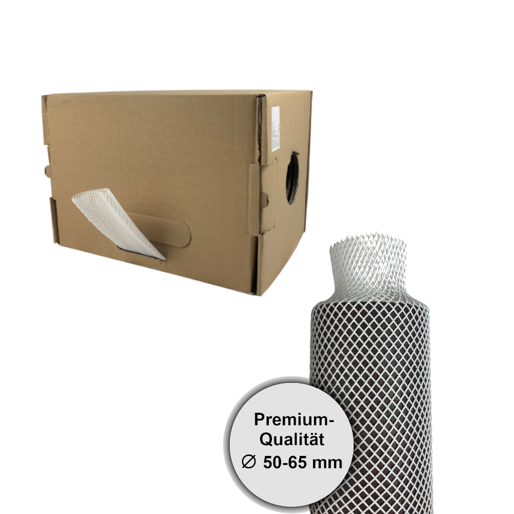 Netzschutzschlauch weiß in praktischer Spenderbox und davor Netzschutzschlauch auf schwarzem Körper