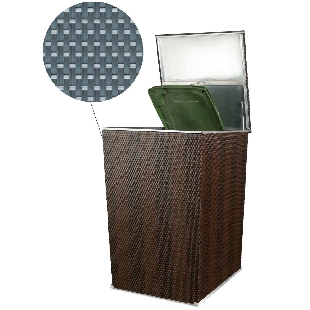 zwei Mülltonnen verkleidet mit Rattan Mülltonnenverkleidung. Die Deckel sind offen