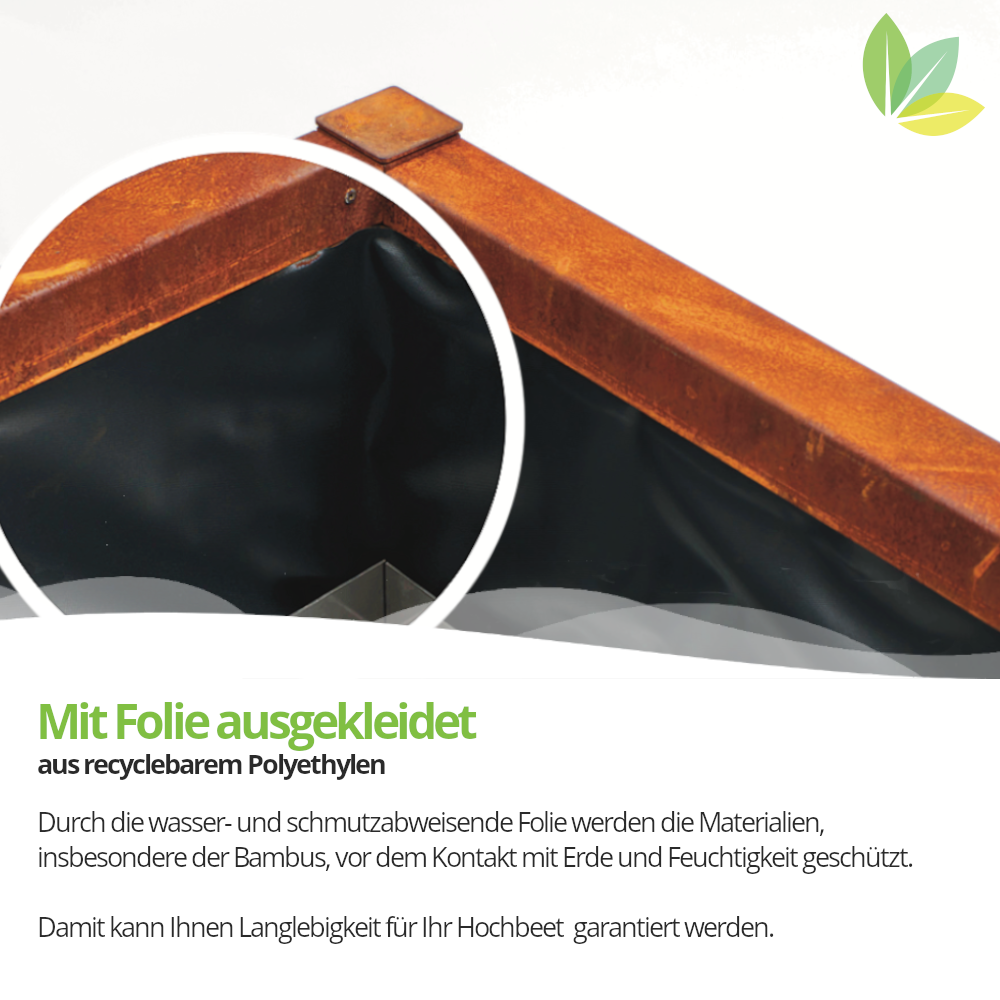 Hochwertiges Hochbeet aus Bambus und Cortenstahl, 102 x 44 x 70cm
