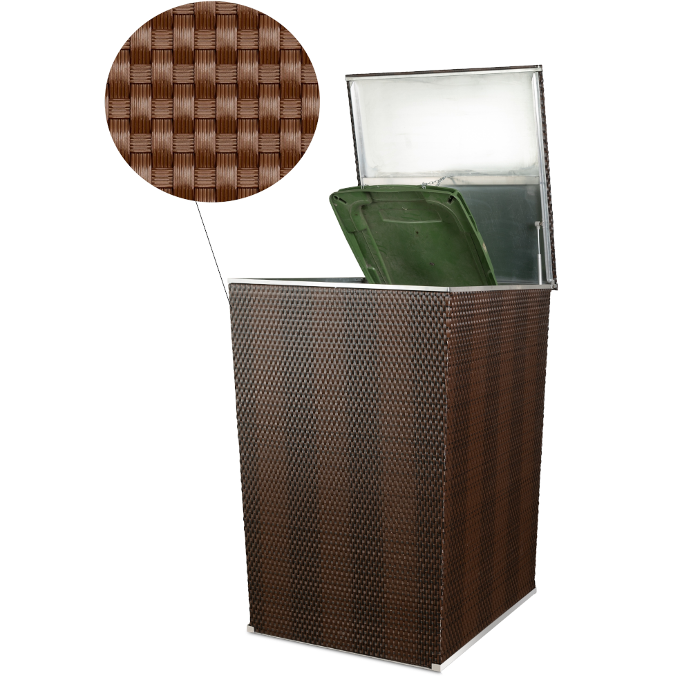 braunes Rattanmaterial von der Mülltonnenbox unter der Lupe