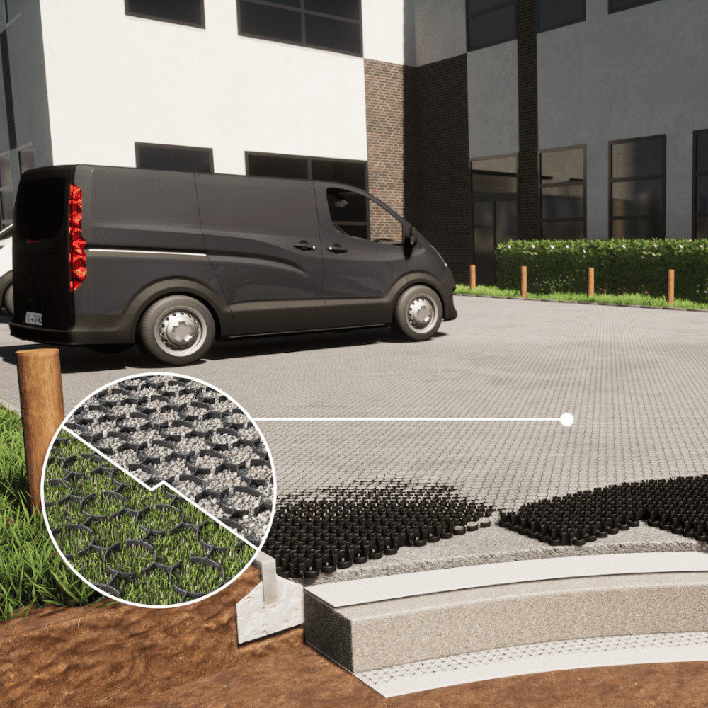 Querschnitt-Grafik vom Aufbau eines Parkplatzes mit Kies oder Rasensaat