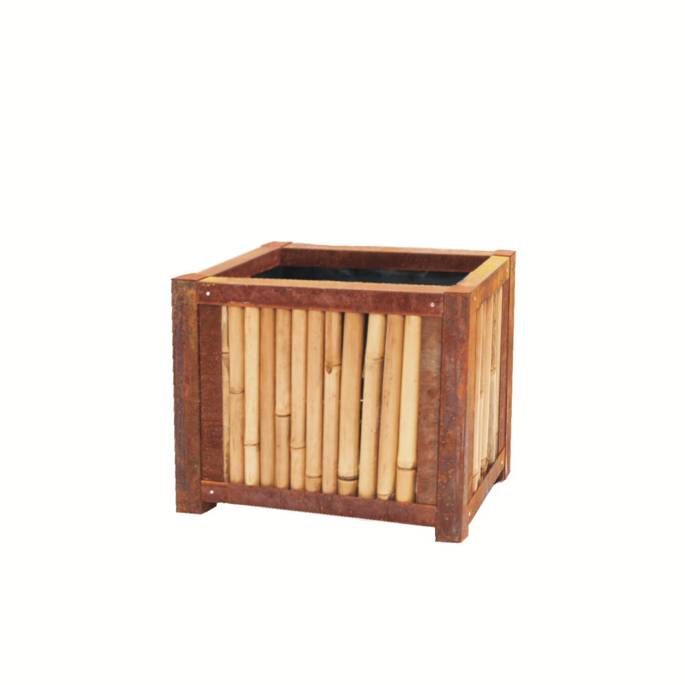 Hochwertiges Hochbeet aus Bambus und Cortenstahl, 67 x 67 x 57cm