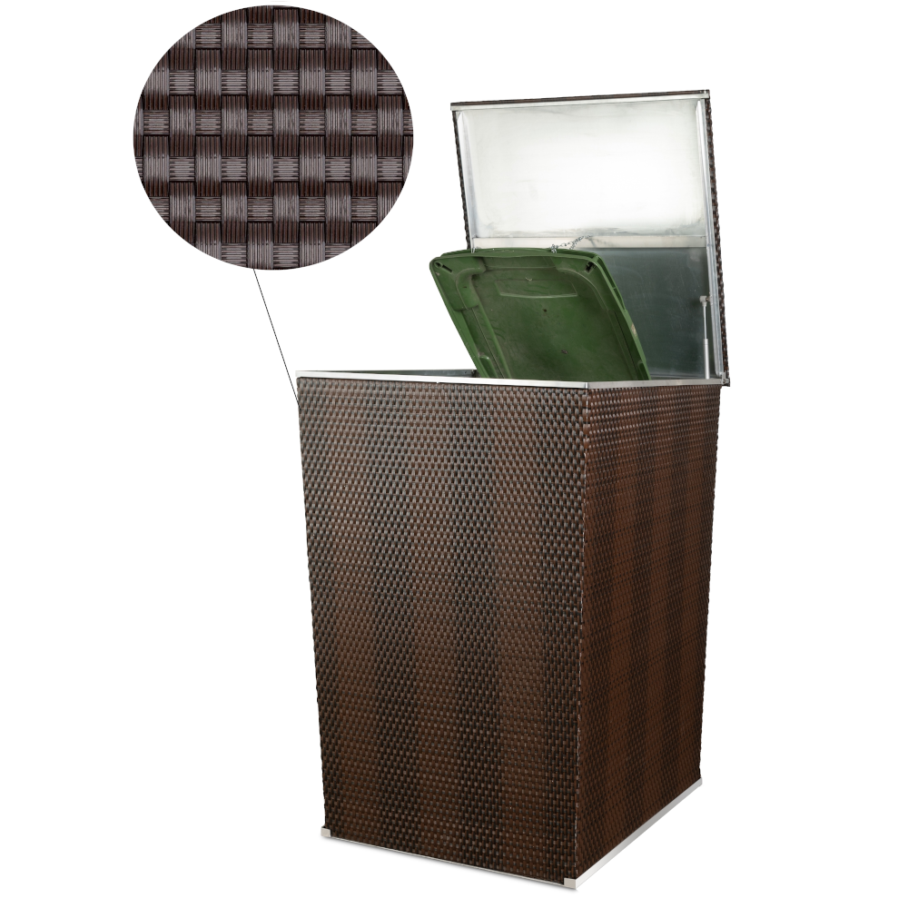 zwei Mülltonnen verkleidet mit Rattan Mülltonnenverkleidung. Die Deckel sind offen