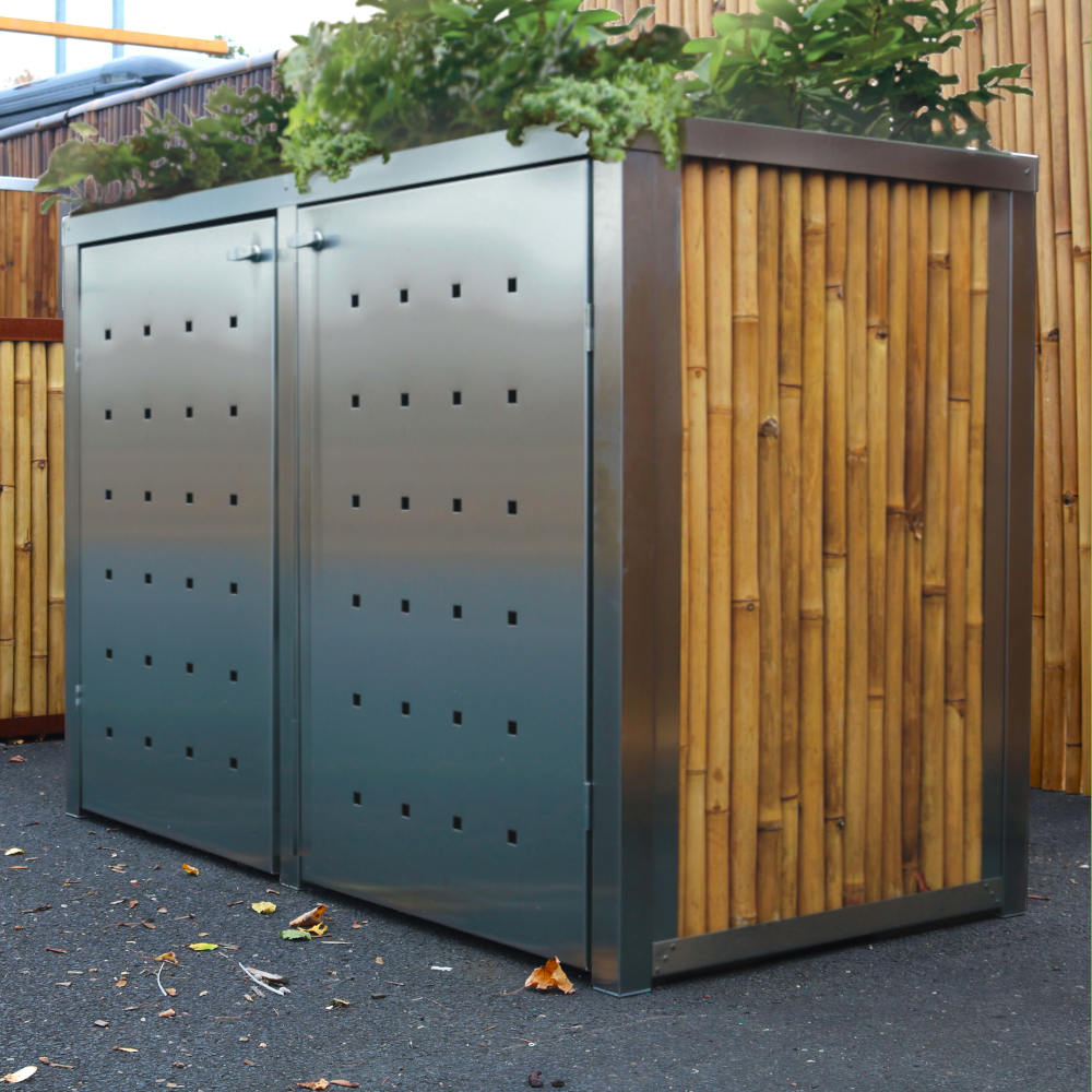 Mülltonnenbox aus Edelstahl mit Doppeltür im Lochblechdesign