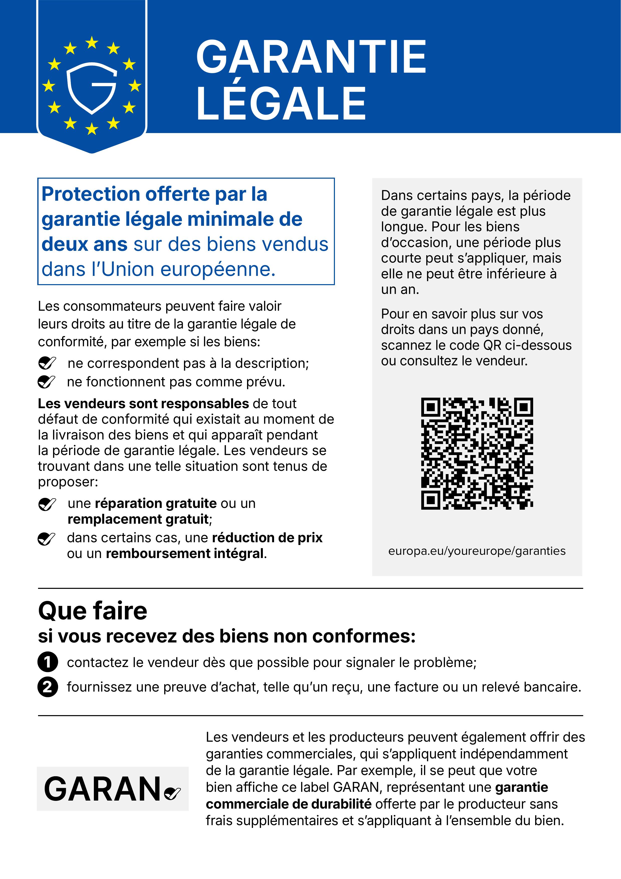 Label européen relatif à la garantie légale : ce produit est couvert par une garantie légale. Pour plus d'informations, veuillez scanner le code QR figurant sur l'image ou cliquer sur le lien situé sous le code QR.
