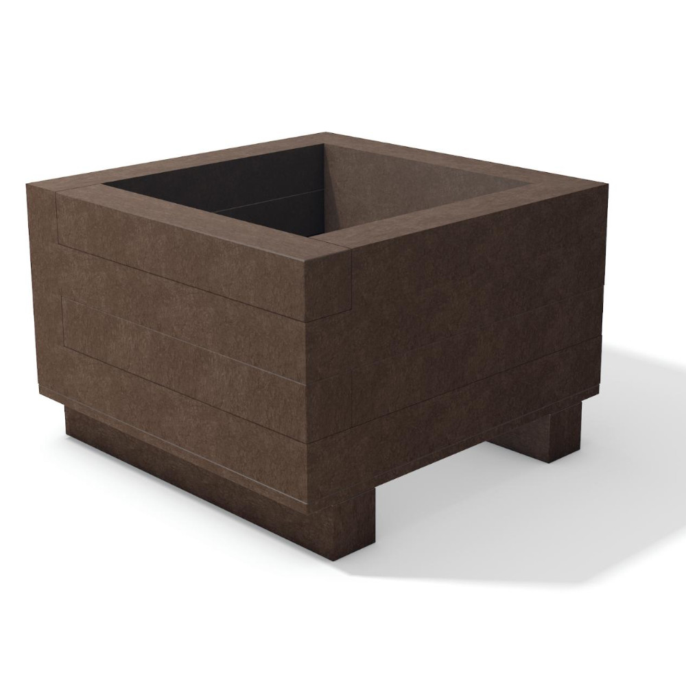 hanit® Kunststoff Pflanzkübel IBERIS, quadratisch oder rechteckig, braun ein kleiner und ein großer brauner Blumenkübel nebeneinander auf Wiese vor Busch