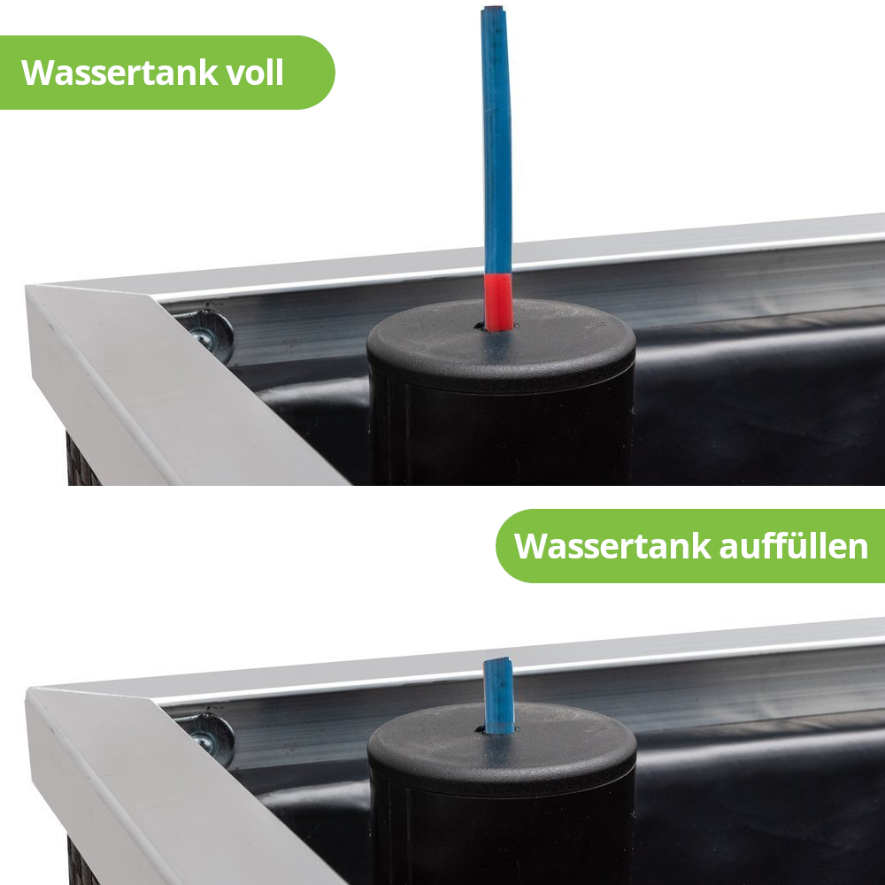 Ein blaues Staebchen zeigt wann der Wassertank voll und wann er aufgefuellt werden muss