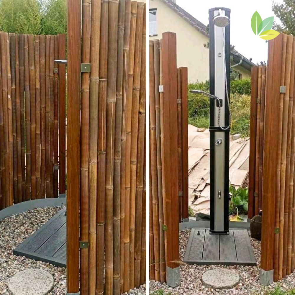 Outdoordusche mit Sichtschutz aus Bambusrohren