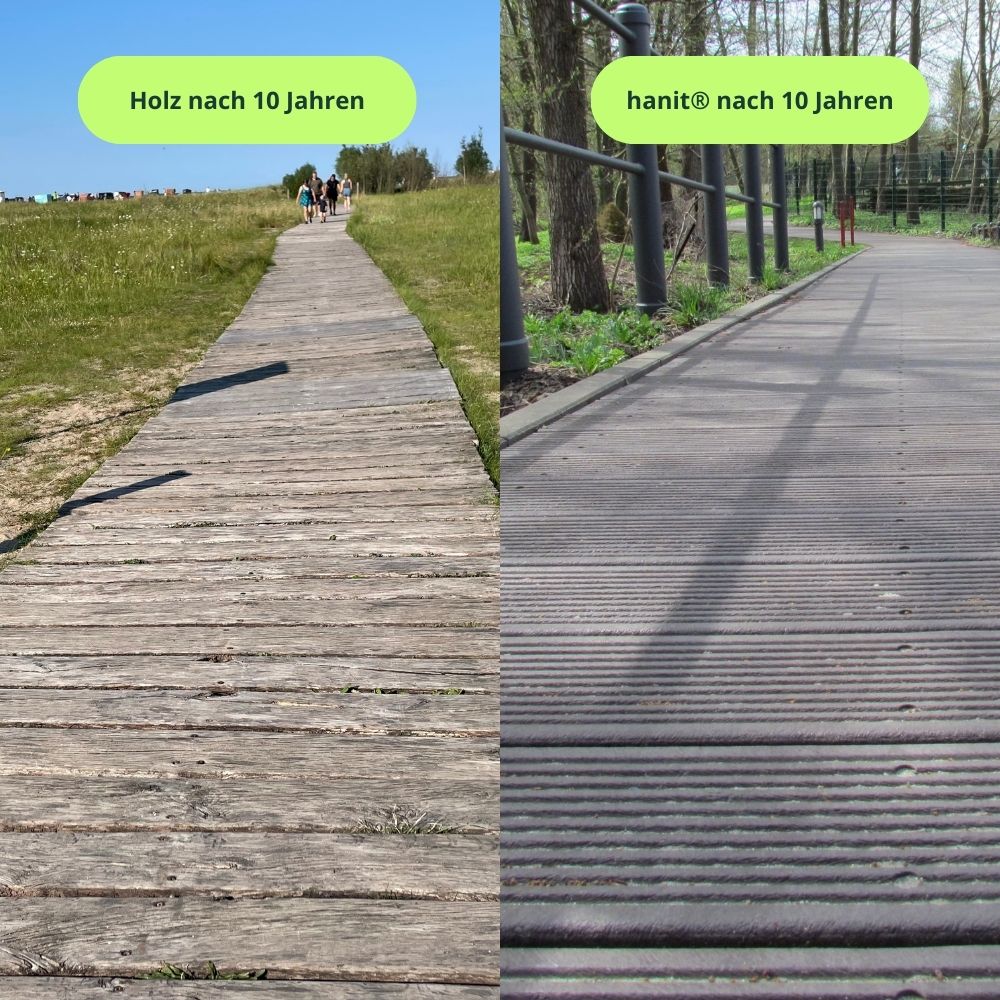 Vergleich: holz vs hanit Der Vergleich zu Holz nach 10 Jahren