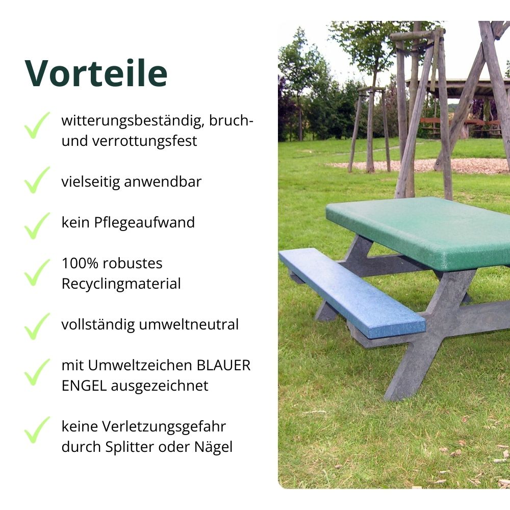 grau-grün-blaue Kindersitzgruppe vor Spielplatz mit neu gepflanzten Bäumen